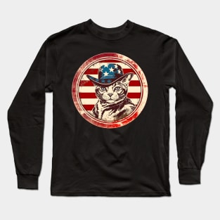 Cat in Hat Retro American USA Flag 4th July Pop Art Cat Lovers Long Sleeve T-Shirt